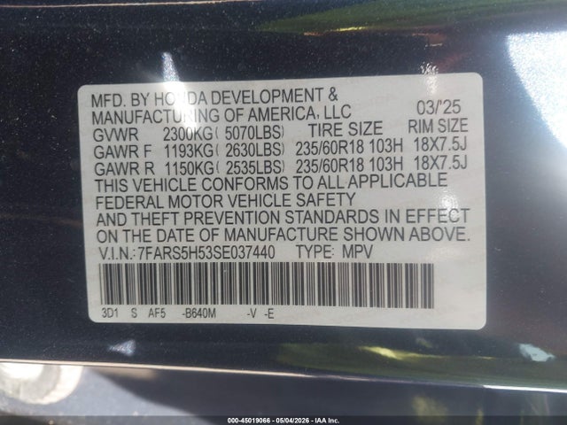 Продажа на аукционе авто 2025 Honda Cr-v Hybrid Sport, vin: 7FARS5H53SE037440, номер лота: 45019066