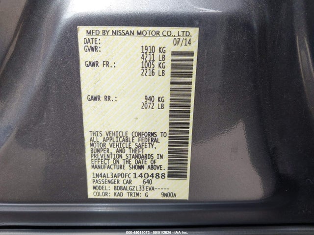 1N4AL3AP0FC140488 Nissan Altima 2.5/2.5 S/2.5 Sl/2.5 Sv