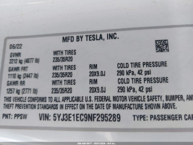 5YJ3E1EC9NF295289 Tesla Model 3 Performance Dual Motor All-wheel Drive