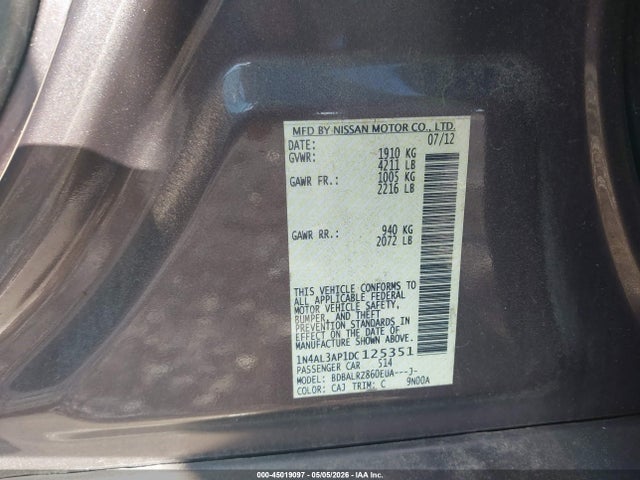 2013 Nissan Altima 2.5 S მანქანა იყიდება აუქციონზე, vin: 1N4AL3AP1DC125351, აუქციონის ნომერი: 45019097