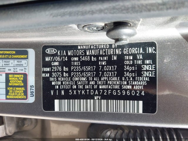 45019106 :رقم المزاد ، 5XYKTDA72FG596024 vin ، 2015 Kia Sorento Lx V6 مزاد بيع