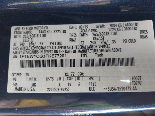 1FTEW1CG3FKE77201 Ford F-150 Xlt