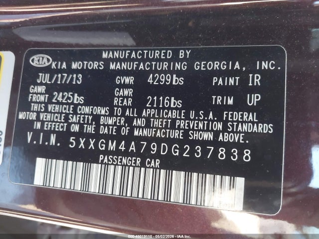 Продажа на аукционе авто 2013 Kia Optima Lx, vin: 5XXGM4A79DG237838, номер лота: 45019110