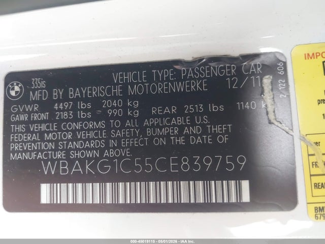 Продажа на аукционе авто 2012 Bmw 335is, vin: WBAKG1C55CE839759, номер лота: 45019115