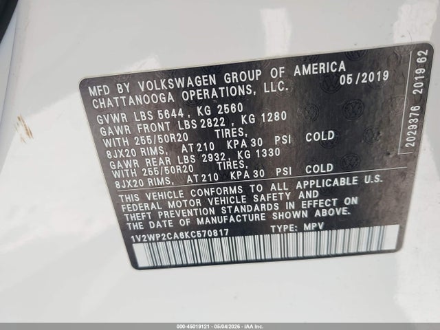 Продаж на аукціоні авто 2019 Volkswagen Atlas 2.0t Se W/technology, vin: 1V2WP2CA6KC570817, номер лоту: 45019121