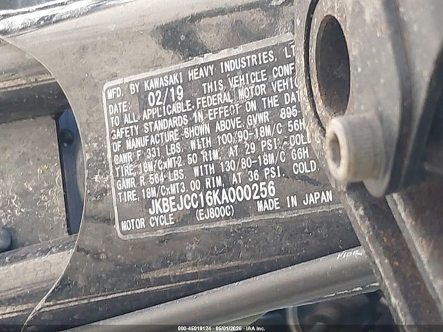 45019124 :رقم المزاد ، JKBEJCC16KA000256 vin ، 2019 Kawasaki Ej800 C مزاد بيع