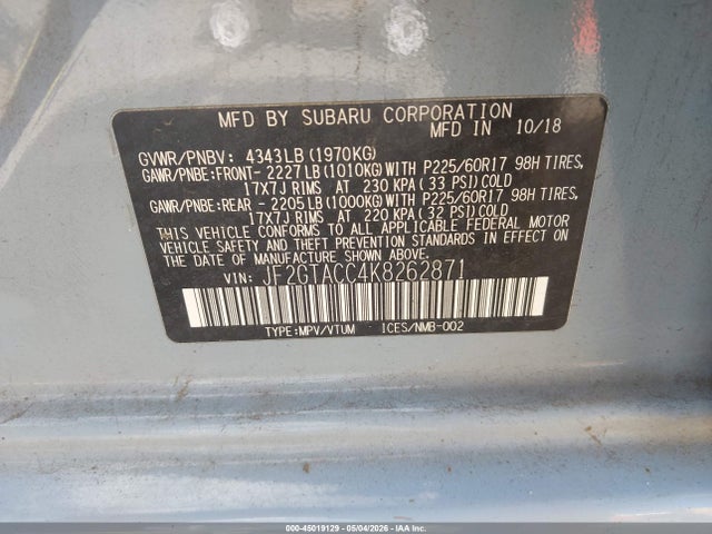 45019129 :رقم المزاد ، JF2GTACC4K8262871 vin ، 2019 Subaru Crosstrek 2.0i Premium مزاد بيع