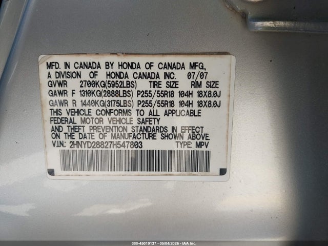 Aukcja sprzedaży 2007 Acura Mdx Sport Package, vin: 2HNYD28827H547803, numer aukcji: 45019137