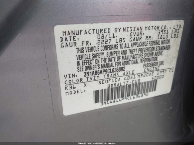 2012 Nissan Sentra 2.0 S მანქანა იყიდება აუქციონზე, vin: 3N1AB6AP9CL636892, აუქციონის ნომერი: 45019142