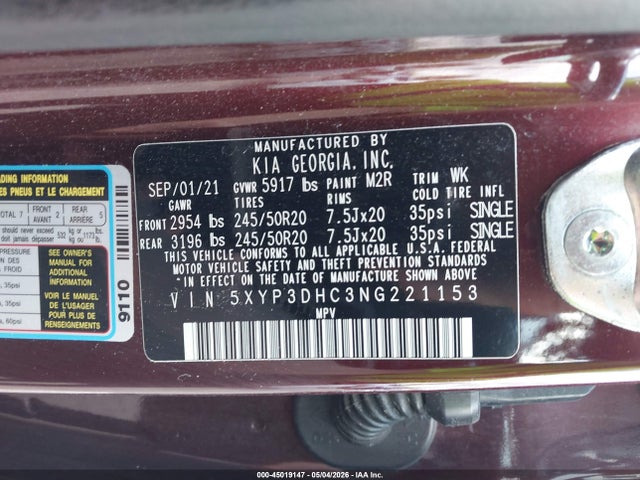 Продаж на аукціоні авто 2022 Kia Telluride Ex, vin: 5XYP3DHC3NG221153, номер лоту: 45019147