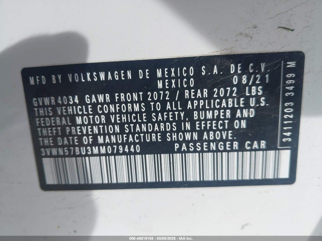 Aukcja sprzedaży 2021 Volkswagen Jetta 1.4t R-line/1.4t S, vin: 3VWN57BU3MM079440, numer aukcji: 45019158