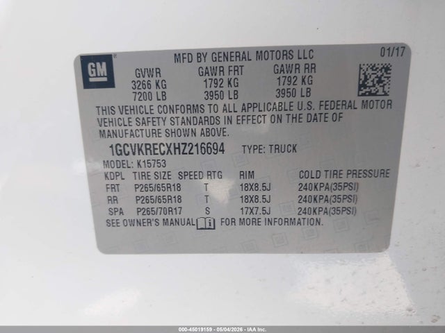 2017 Chevrolet Silverado 1500 2lt მანქანა იყიდება აუქციონზე, vin: 1GCVKRECXHZ216694, აუქციონის ნომერი: 45019159