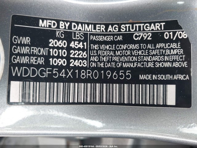 45019164 :رقم المزاد ، WDDGF54X18R019655 vin ، 2008 Mercedes-benz C 300 Luxury/sport مزاد بيع