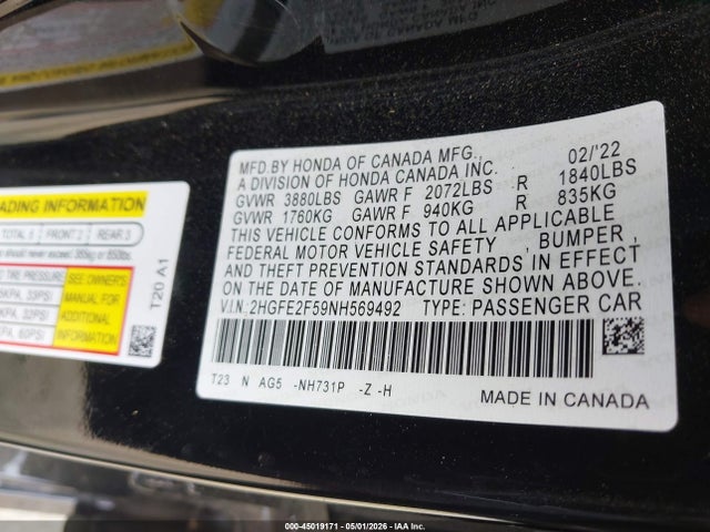 45019171 :رقم المزاد ، 2HGFE2F59NH569492 vin ، 2022 Honda Civic Sport مزاد بيع