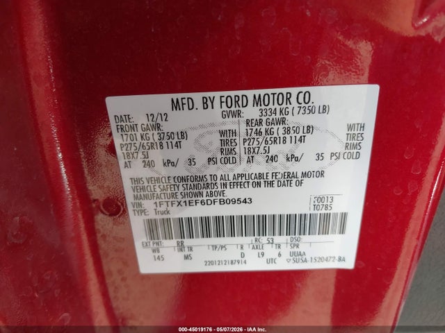 2013 Ford F-150 Xlt მანქანა იყიდება აუქციონზე, vin: 1FTFX1EF6DFB09543, აუქციონის ნომერი: 45019176