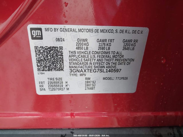 2025 Chevrolet Equinox Awd Rs მანქანა იყიდება აუქციონზე, vin: 3GNAXTEG7SL140597, აუქციონის ნომერი: 45019180