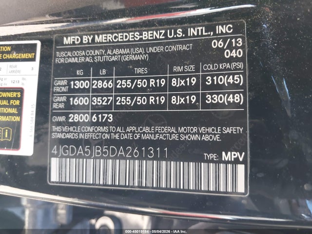 Продаж на аукціоні авто 2013 Mercedes-benz Ml 350, vin: 4JGDA5JB5DA261311, номер лоту: 45019184