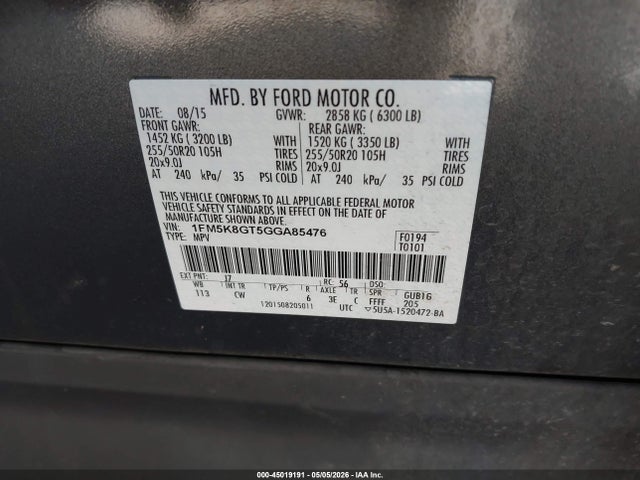 2016 Ford Explorer Sport მანქანა იყიდება აუქციონზე, vin: 1FM5K8GT5GGA85476, აუქციონის ნომერი: 45019191