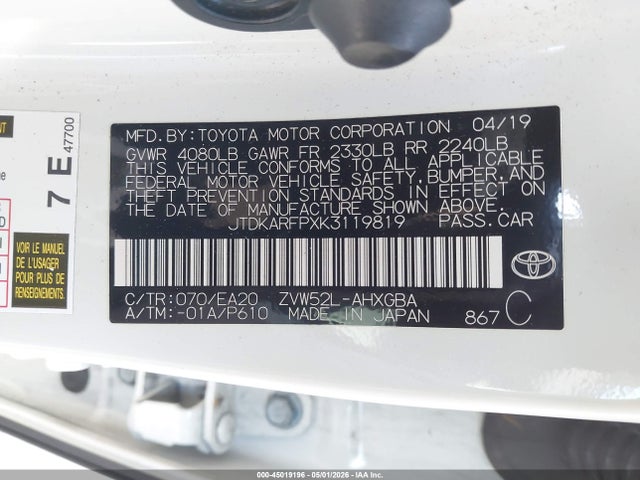 Aukcja sprzedaży 2019 Toyota Prius Prime Premium, vin: JTDKARFPXK3119819, numer aukcji: 45019196