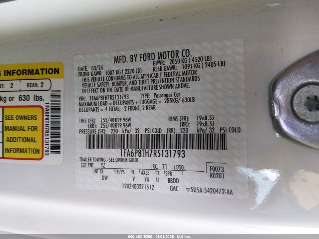 Продаж на аукціоні авто 2024 Ford Mustang Ecoboost Fastback, vin: 1FA6P8TH7R5131793, номер лоту: 45019200
