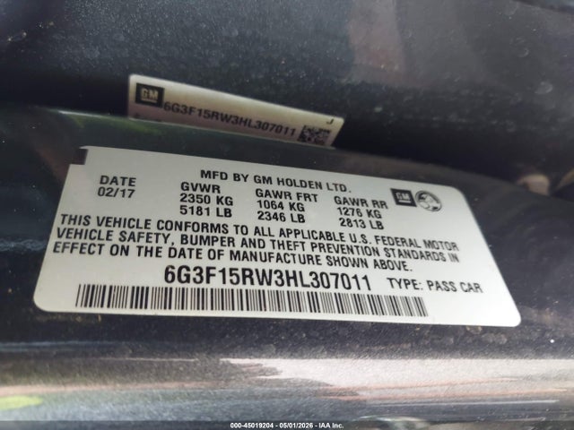 Auction sale of the 2017 Chevrolet Ss, vin: 6G3F15RW3HL307011, lot number: 45019204