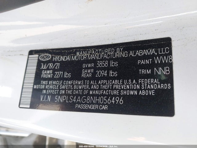 Aukcja sprzedaży 2022 Hyundai Elantra Sel, vin: 5NPLS4AG8NH056496, numer aukcji: 45019206