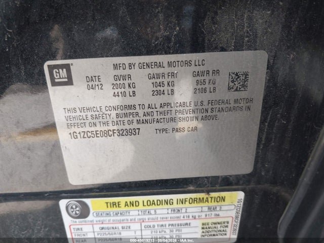 Продажа на аукционе авто 2012 Chevrolet Malibu 1lt, vin: 1G1ZC5E08CF323937, номер лота: 45019213