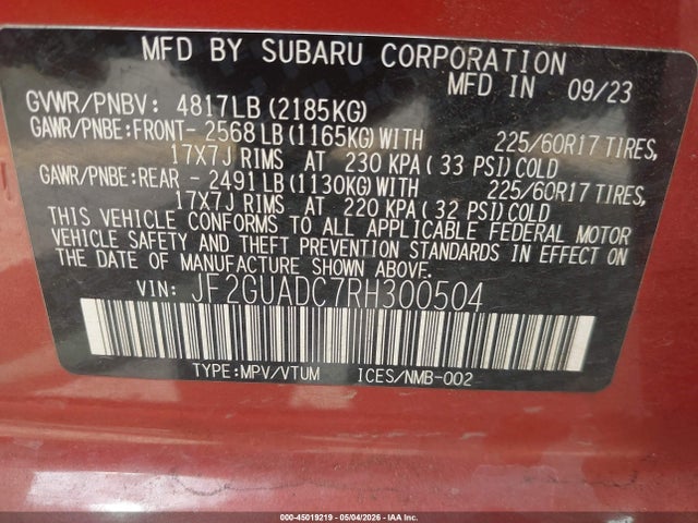 45019219 :رقم المزاد ، JF2GUADC7RH300504 vin ، 2024 Subaru Crosstrek Premium مزاد بيع