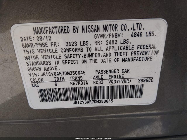 Aukcja sprzedaży 2013 Infiniti G37x, vin: JN1CV6AR7DM350645, numer aukcji: 45019231