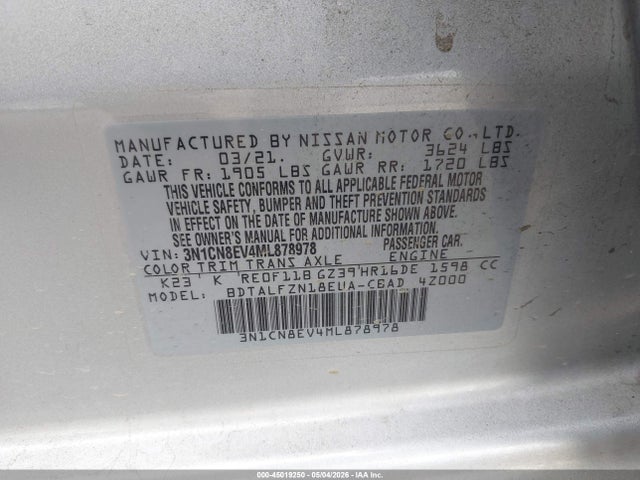 3N1CN8EV4ML878978 Nissan Versa Sv Xtronic Cvt