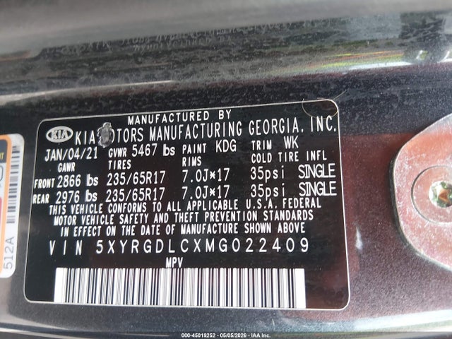 2021 Kia Sorento Lx მანქანა იყიდება აუქციონზე, vin: 5XYRGDLCXMG022409, აუქციონის ნომერი: 45019252