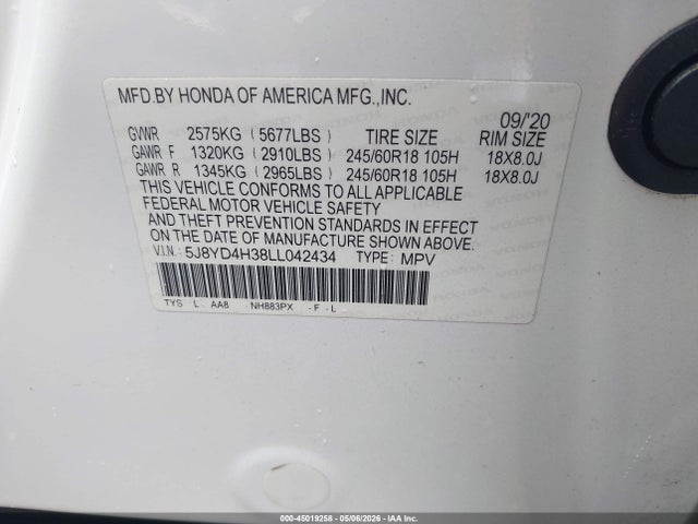 Продаж на аукціоні авто 2020 Acura Mdx Standard, vin: 5J8YD4H38LL042434, номер лоту: 45019258