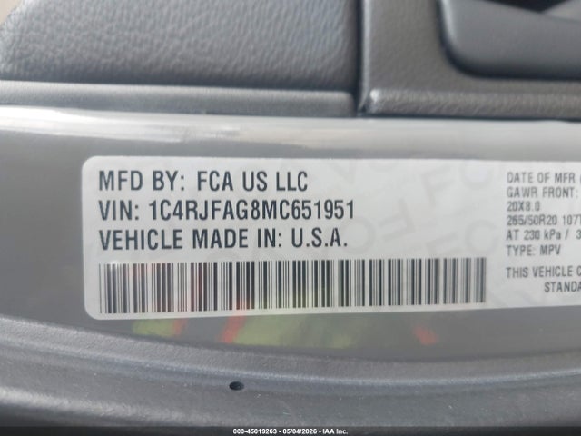 2021 Jeep Grand Cherokee Laredo X 4x4 მანქანა იყიდება აუქციონზე, vin: 1C4RJFAG8MC651951, აუქციონის ნომერი: 45019263