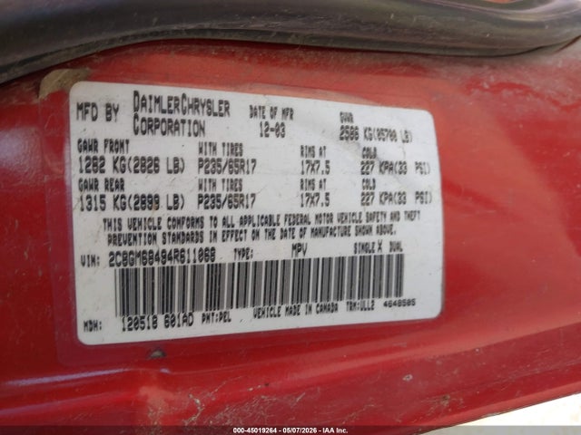 Продажа на аукционе авто 2004 Chrysler Pacifica, vin: 2C8GM68494R611068, номер лота: 45019264