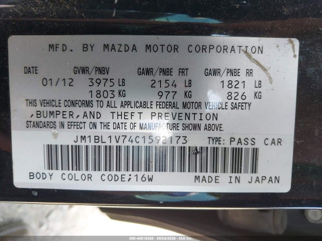 Aukcja sprzedaży 2012 Mazda Mazda3 I Touring, vin: JM1BL1V74C1592173, numer aukcji: 45019268