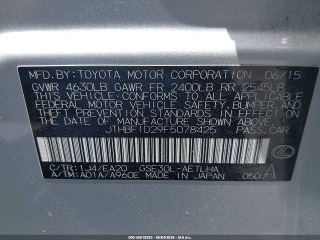 45019280 :رقم المزاد ، JTHBF1D29F5078425 vin ، 2015 Lexus Is 250 Crafted Line مزاد بيع