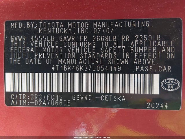 Продаж на аукціоні авто 2007 Toyota Camry Le V6/se V6/xle V6, vin: 4T1BK46K37U054149, номер лоту: 45019283