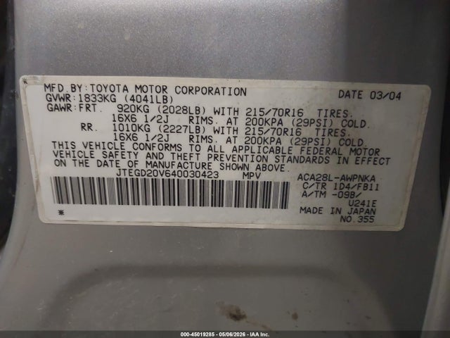 Aukcja sprzedaży 2004 Toyota Rav4, vin: JTEGD20V640030423, numer aukcji: 45019285