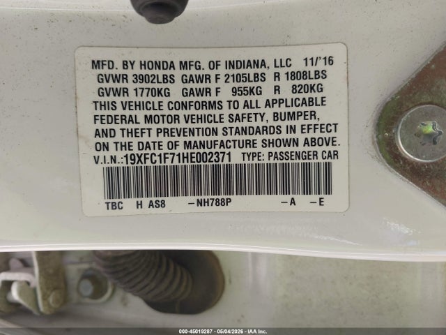 45019287 :رقم المزاد ، 19XFC1F71HE002371 vin ، 2017 Honda Civic Ex-l مزاد بيع