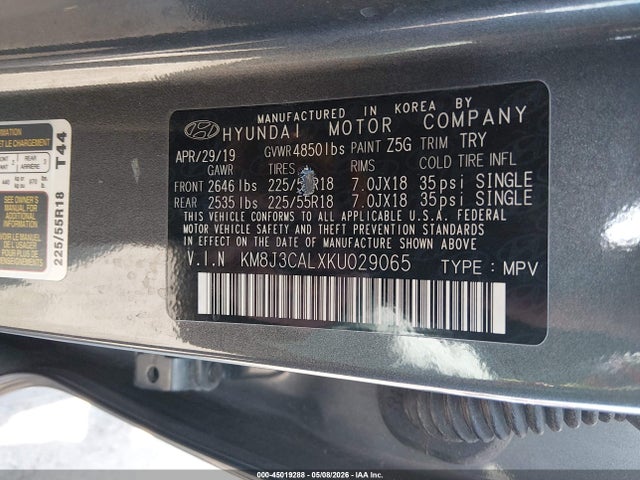 45019288 :رقم المزاد ، KM8J3CALXKU029065 vin ، 2019 Hyundai Tucson Sel مزاد بيع
