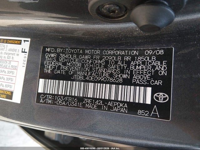 Aukcja sprzedaży 2009 Toyota Corolla, vin: JTDBL40E099078628, numer aukcji: 45019290