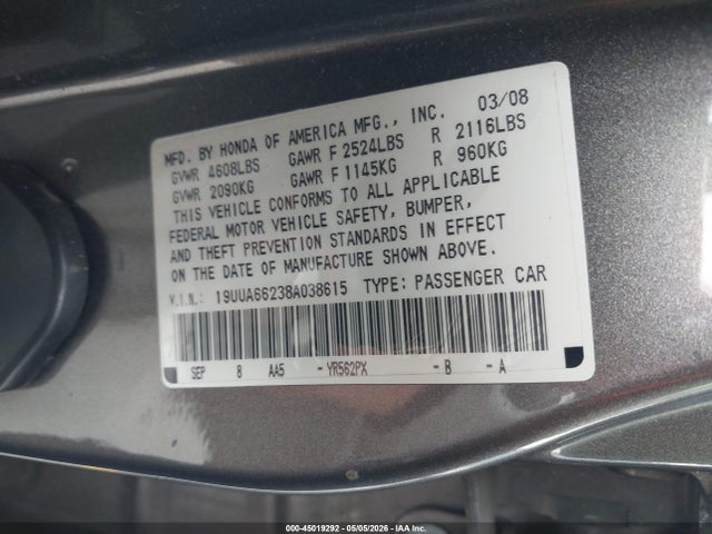 45019292 :رقم المزاد ، 19UUA66238A038615 vin ، 2008 Acura Tl 3.2 مزاد بيع