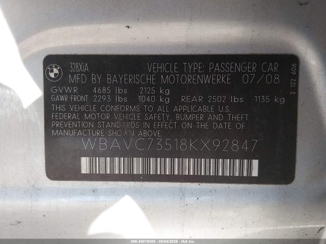Aukcja sprzedaży 2008 Bmw 328xi, vin: WBAVC73518KX92847, numer aukcji: 45019308