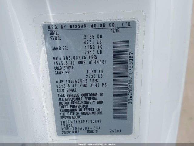 Продажа на аукционе авто 2015 Nissan Nv200 S/sv, vin: 3N6CM0KN6FK735087, номер лота: 45019316