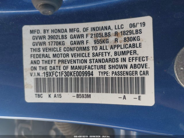 Honda CIVIC EX 2019 19XFC1F30KE009994 Image 9
