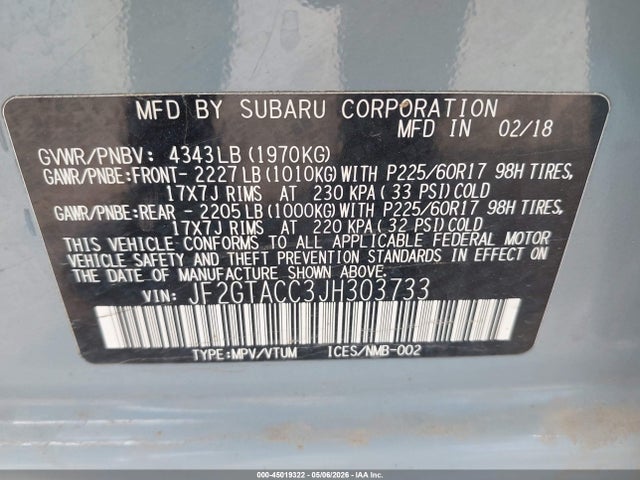 Aukcja sprzedaży 2018 Subaru Crosstrek 2.0i Premium, vin: JF2GTACC3JH303733, numer aukcji: 45019322