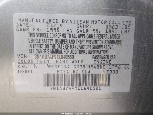 3N1AB7AP9EL640580 Nissan Sentra Fe+ S/fe+ Sv/s/sl/sr/sv