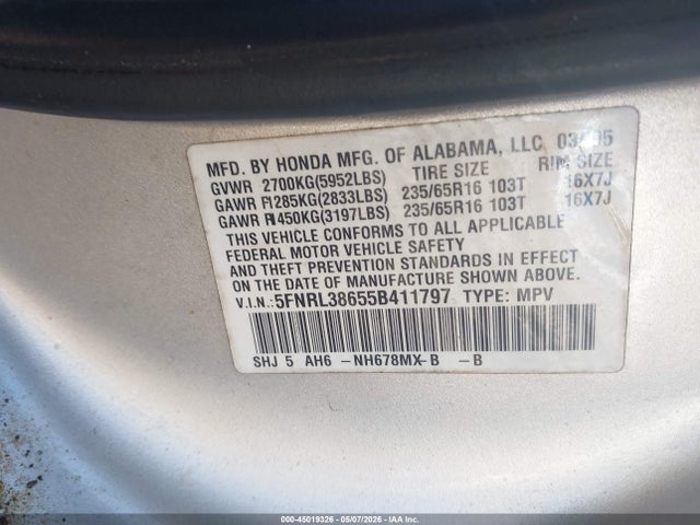 45019326 :رقم المزاد ، 5FNRL38655B411797 vin ، 2005 Honda Odyssey Ex-l مزاد بيع