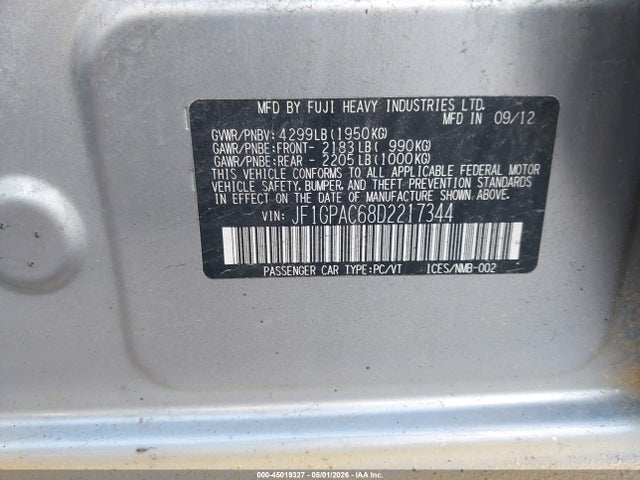 45019327 :رقم المزاد ، JF1GPAC68D2217344 vin ، 2013 Subaru Impreza 2.0i Premium مزاد بيع
