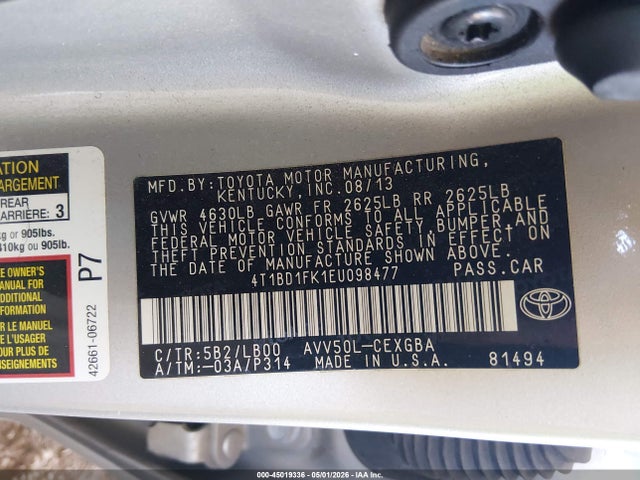 Aukcja sprzedaży 2014 Toyota Camry Hybrid Xle, vin: 4T1BD1FK1EU098477, numer aukcji: 45019336